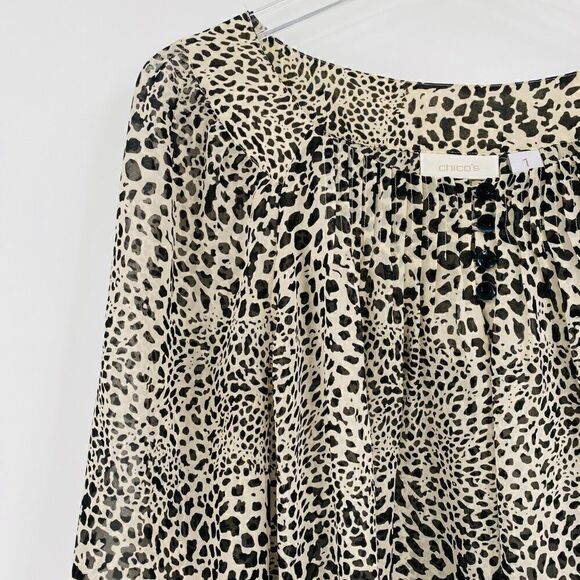 Chico's Size 1 Medium Cream & Black Animal Print 3/4 Sleeve Sheer Blouse Top - Picture 4 of 9